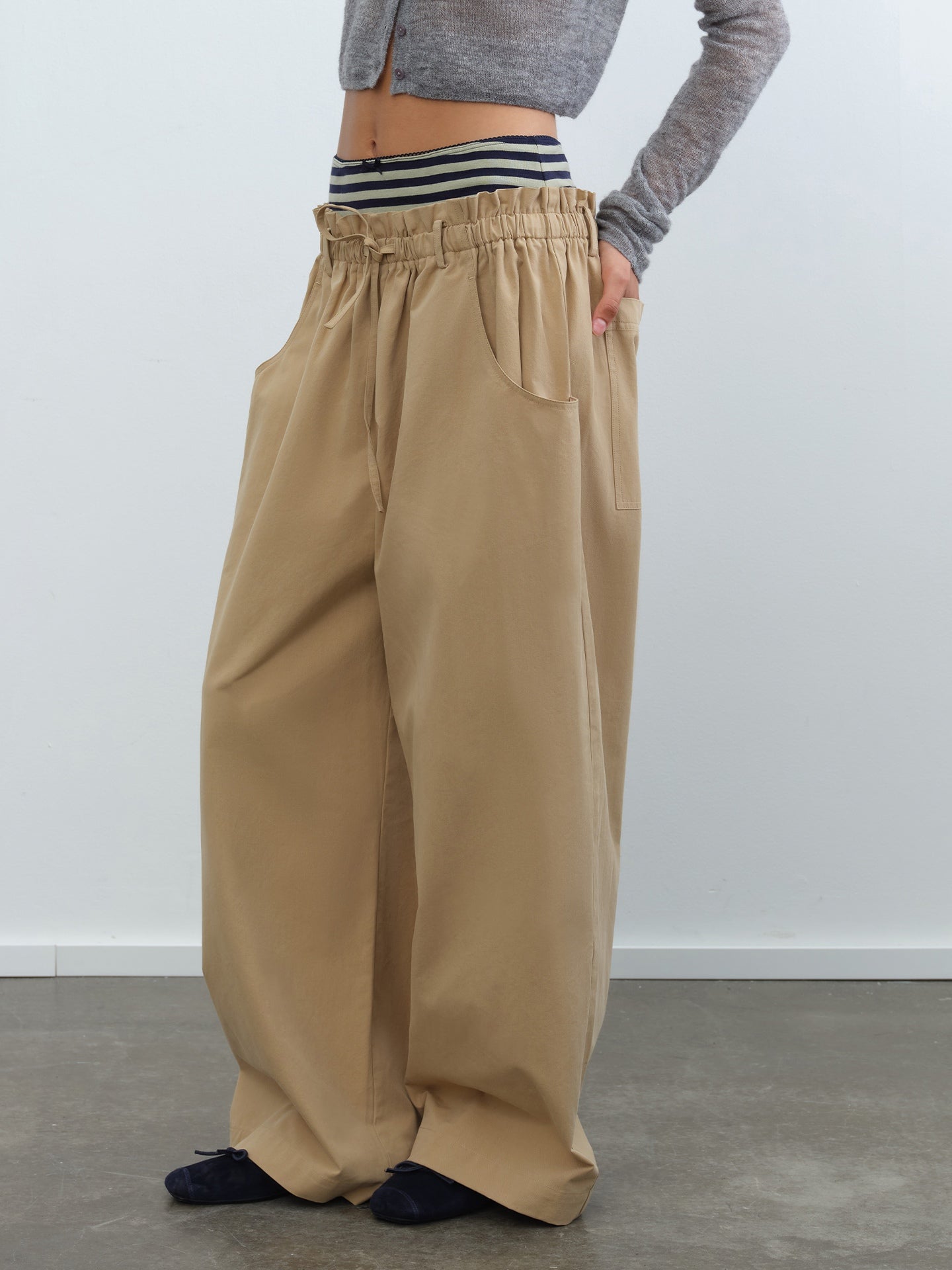 Double-Waist Striped Panel Cargo Pants