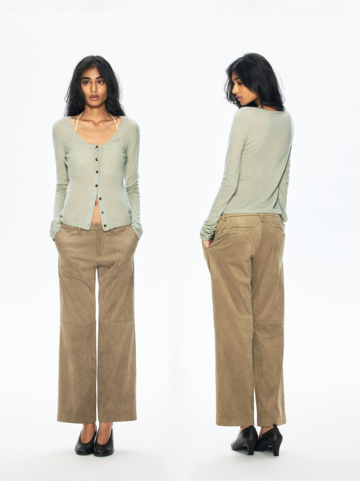 “Mist” Cashmere-Silk Blend U-Neck Waist-Defined Knit Cardigan