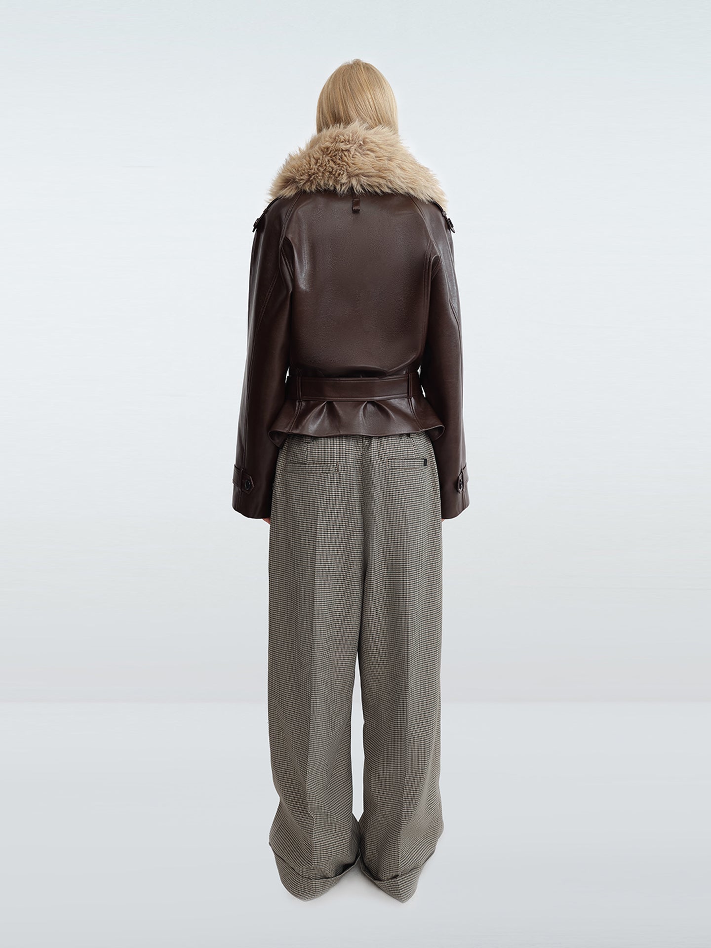 Faux Leather Foldover-Collar Belted Jacket