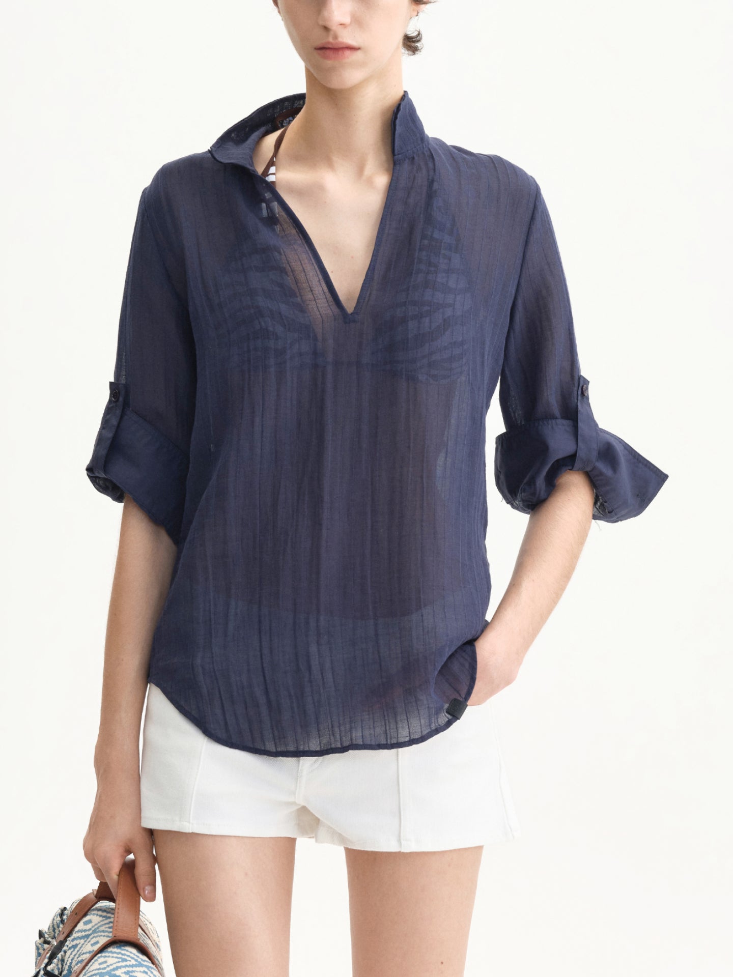 “Haze” Textured Stripe Sailor-collar Shirt
