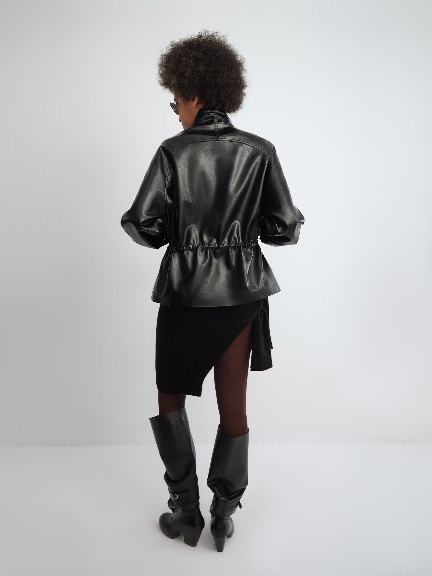 Layered Stand-Collar Faux Leather Fitted Jacket