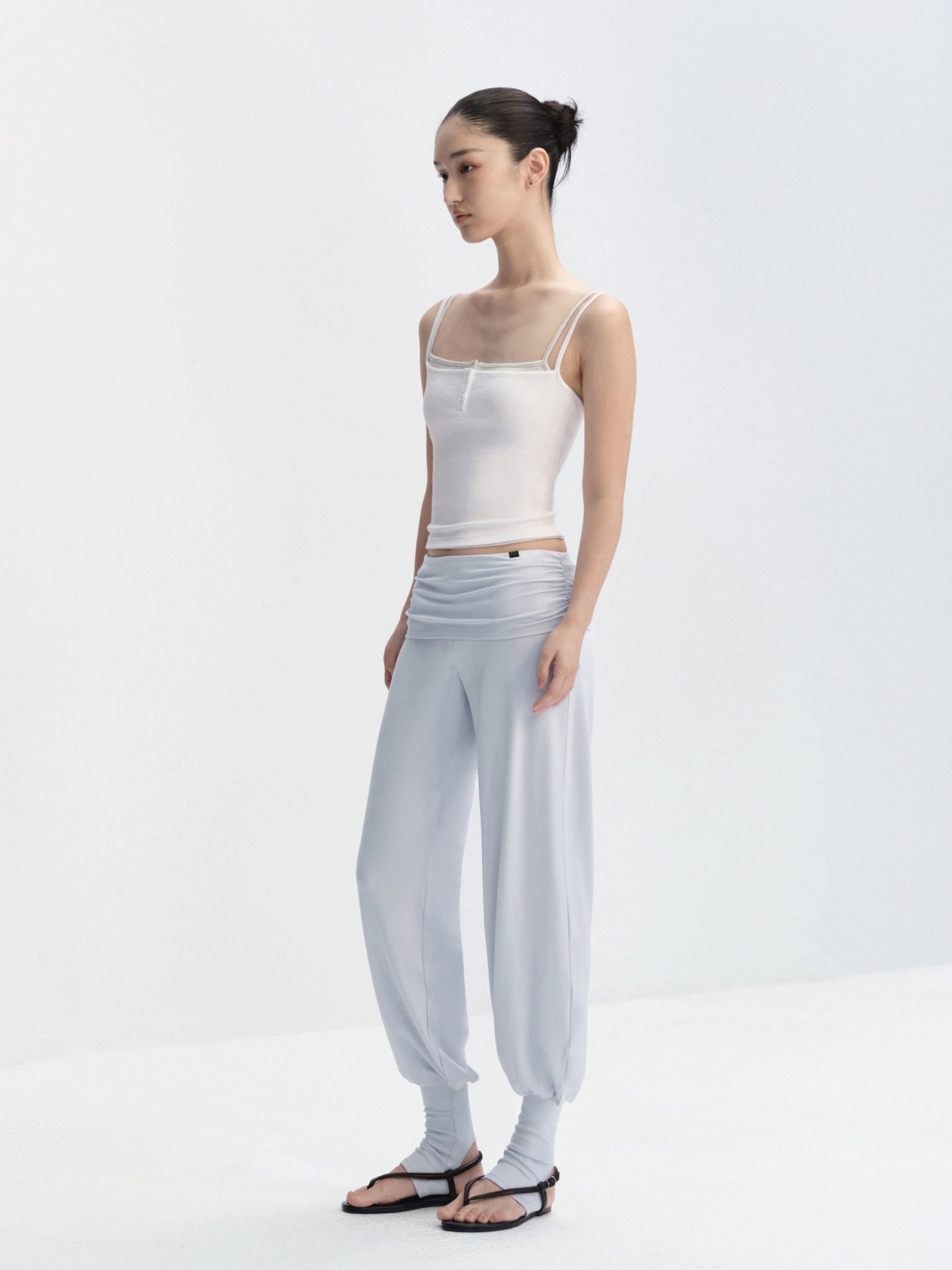 Gathered Waist Barrel-Leg Stirrup Pants