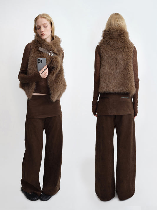 Suede Layered Wide-Leg Pants