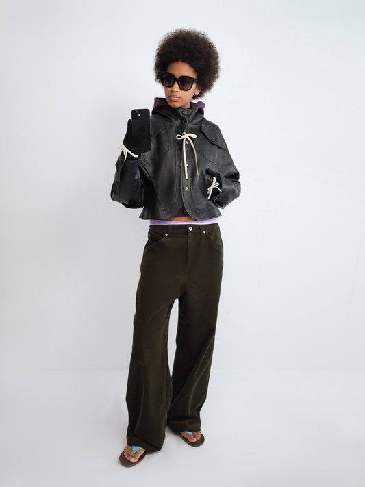 Stand-Collar Faux Leather Fitted Jacket