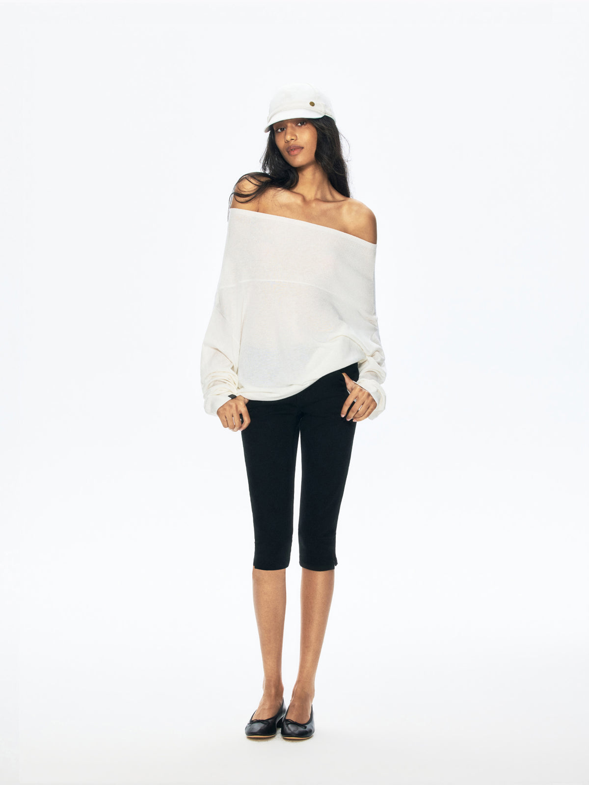 “Mist” Cashmere Blend Elegant Off-Shoulder Sheer Knit Top