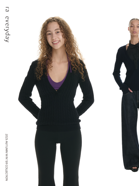 V-Neck Slim Cable Knit Top