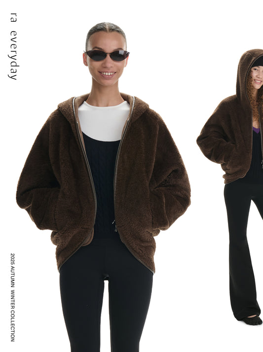 Curved-Hem Plush Cropped Hooded Jacket