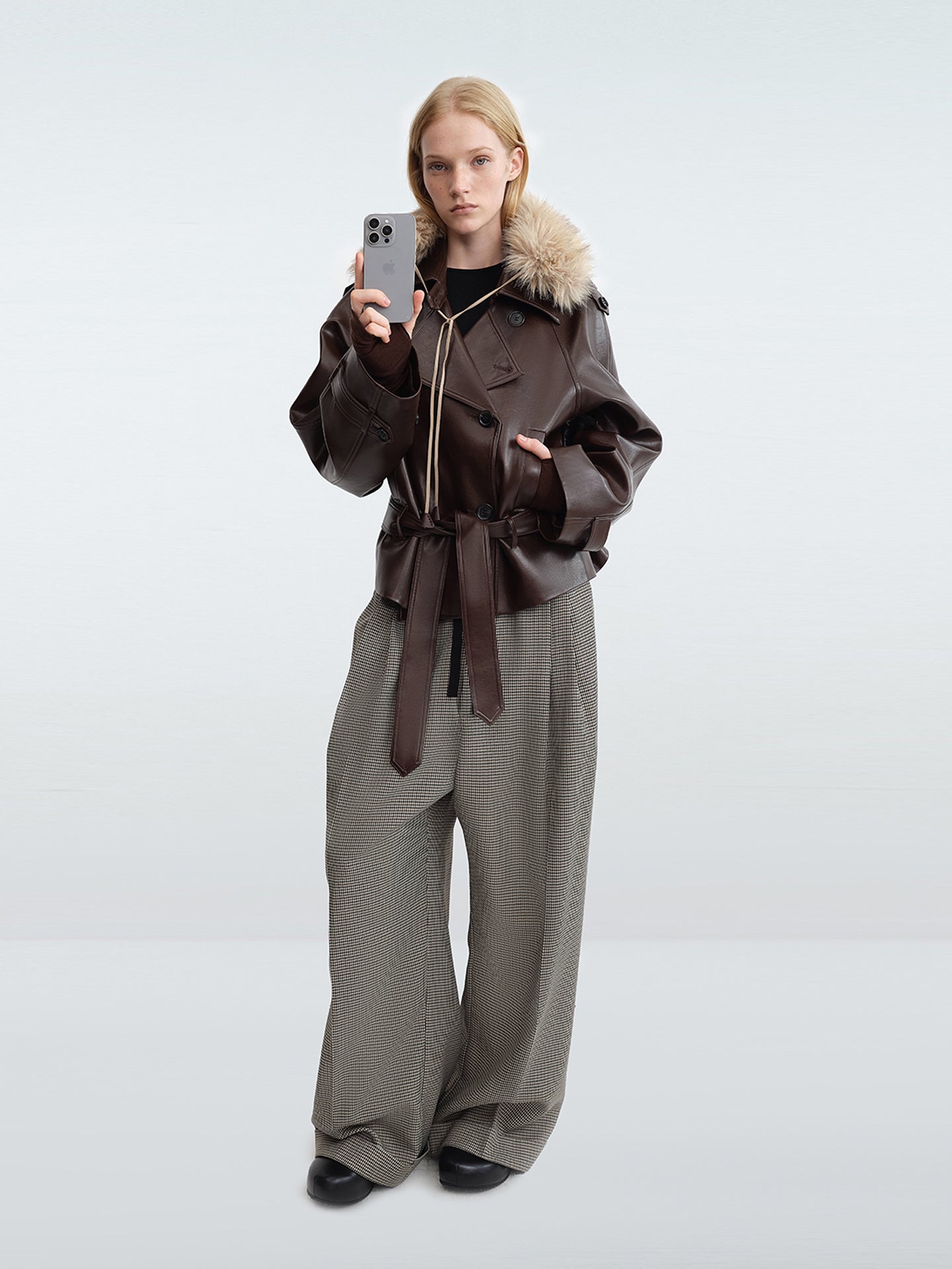 Faux Leather Foldover-Collar Belted Jacket