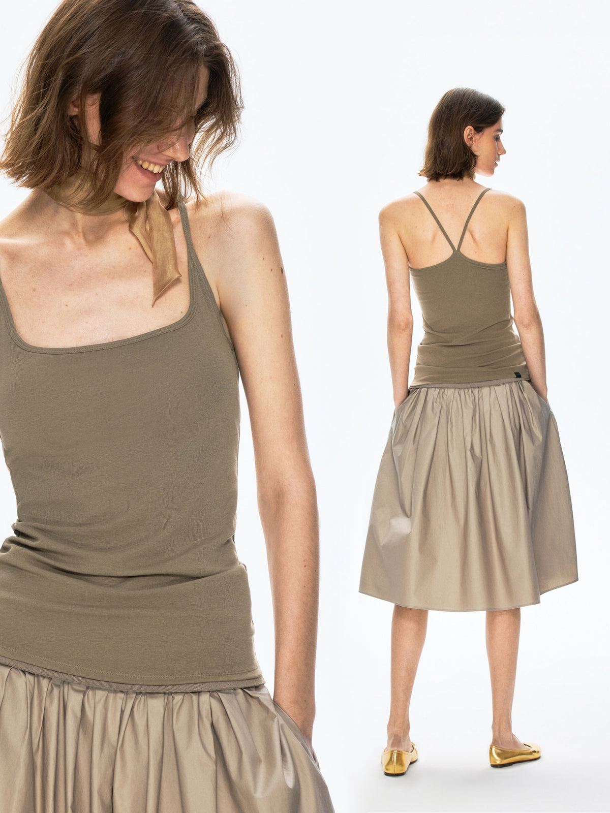 Versatile U-Neck Open-Back Slim-Fit Camisole with Built-in Bra Pads