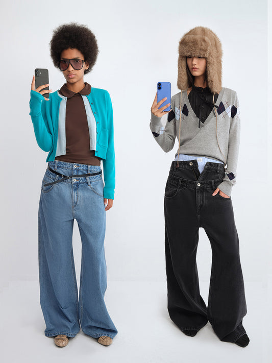 Gemini Layered Waistband Wide-Leg Denim Pants