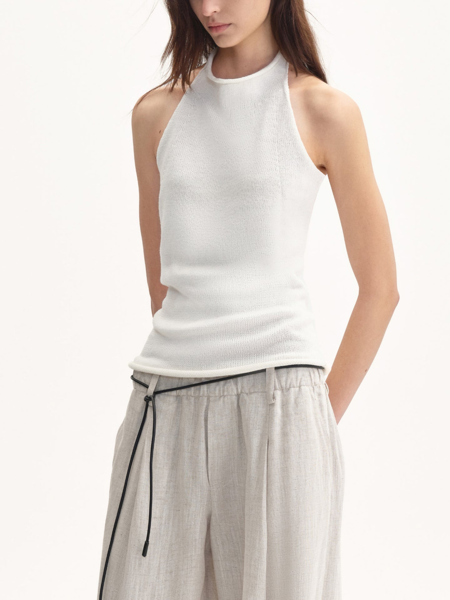 “Holiday Mood” Linen Knit Open-back Top