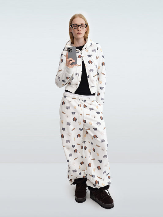 "Meow & Woof" Print Fleece Joggers