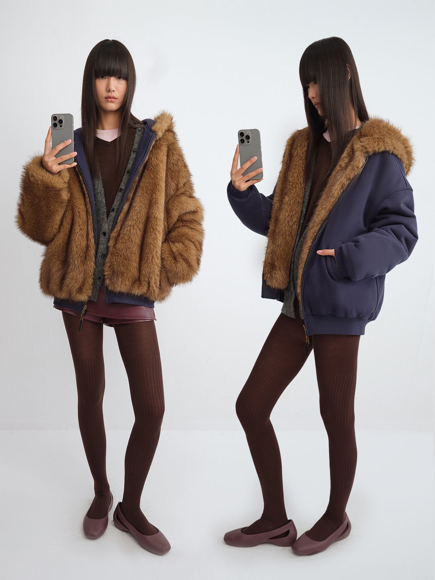 Two-Way Cropped Faux Fur Hooded Jacket