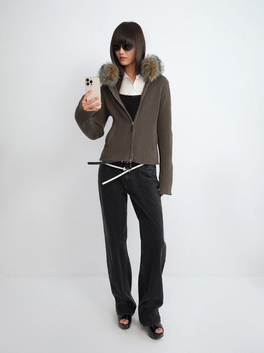 Faux Fur Trim Hooded Zip-Front Jumper