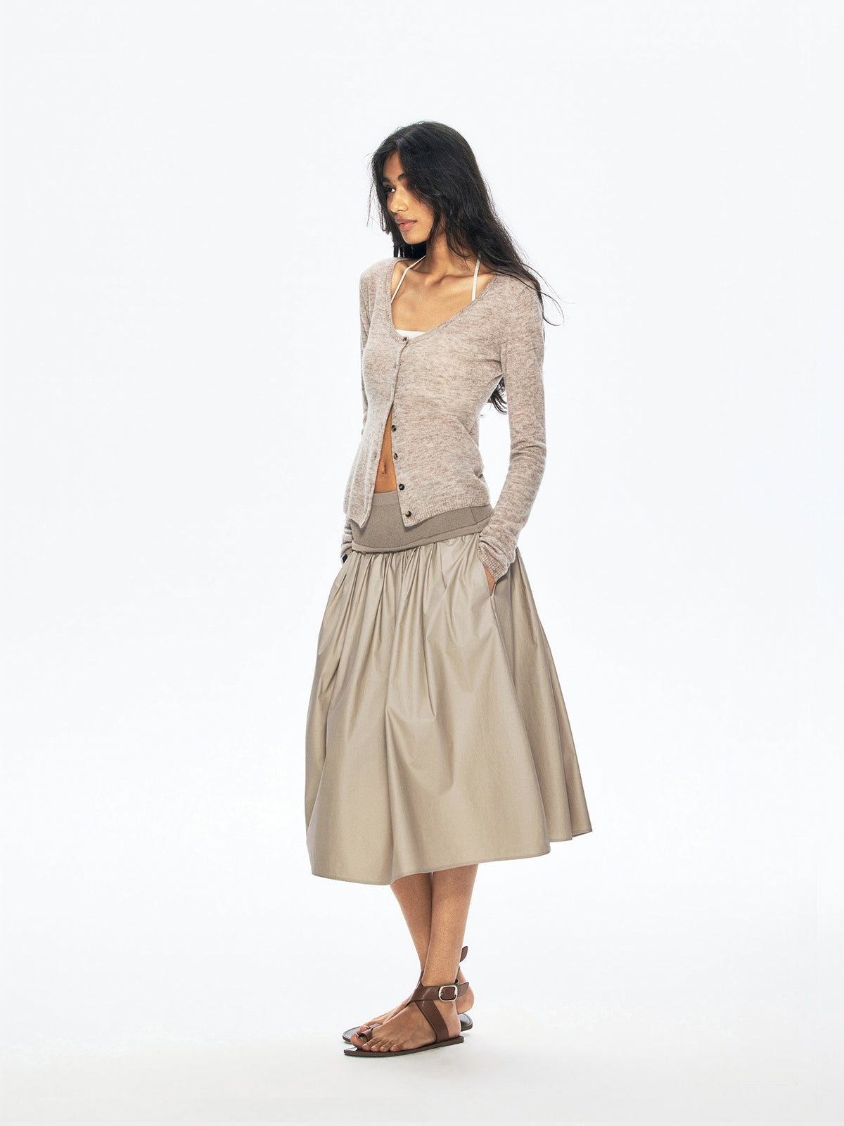 “Mist” Cashmere-Silk Blend U-Neck Waist-Defined Knit Cardigan