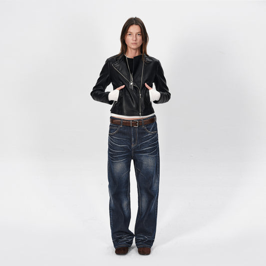 TREE07 Dark Blue Low-Waist Straight-Leg Jeans