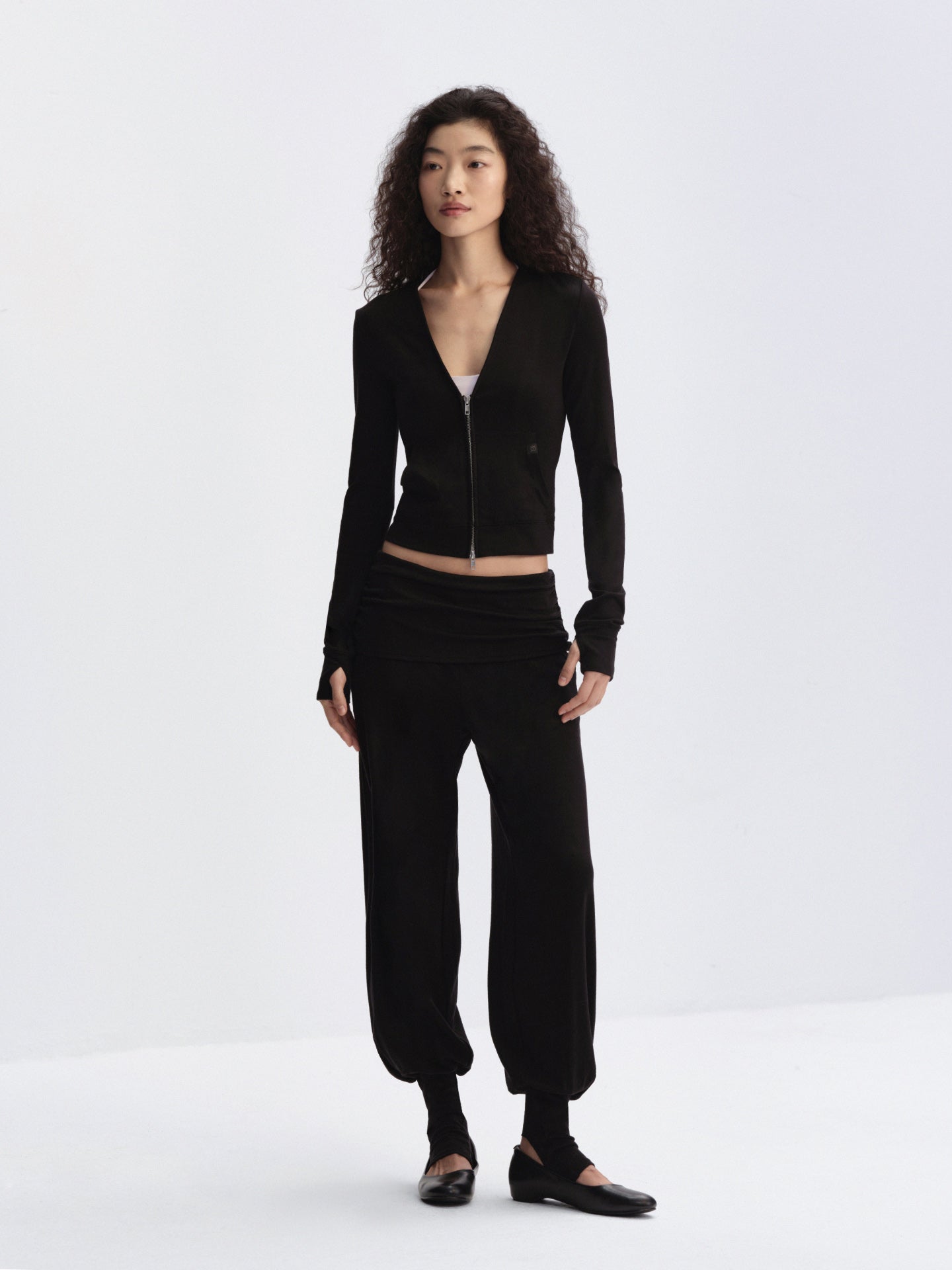 V-Neck Zip-Up Long Sleeve Top