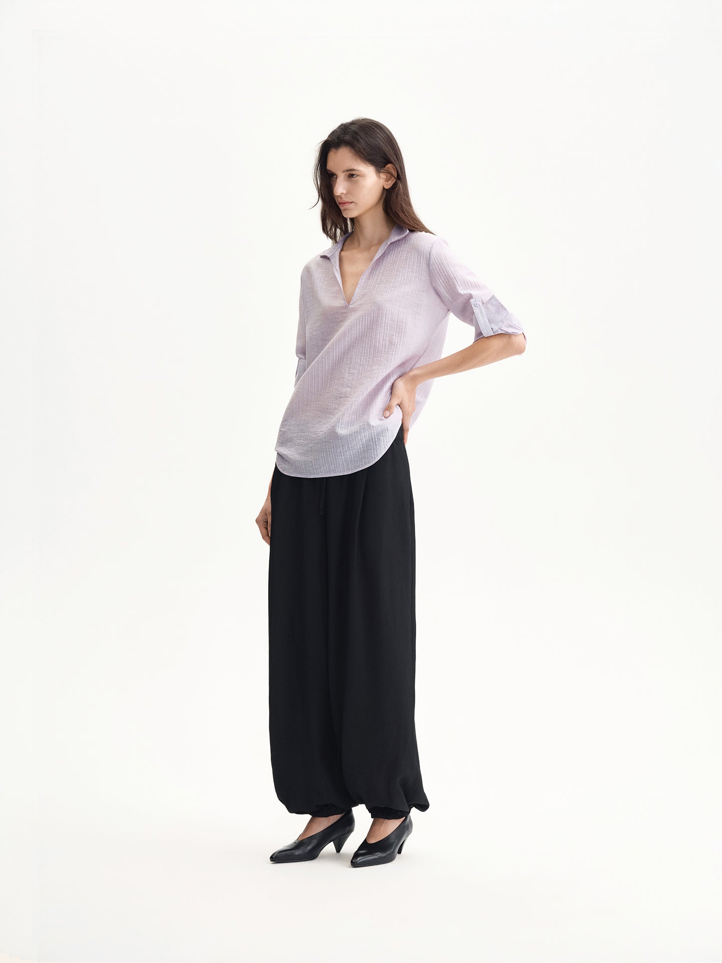 “Haze” Textured Stripe Sailor-collar Shirt