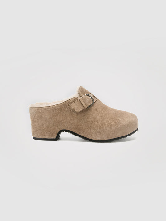 IZZY Suede Shearling Buckle Platform Clogs