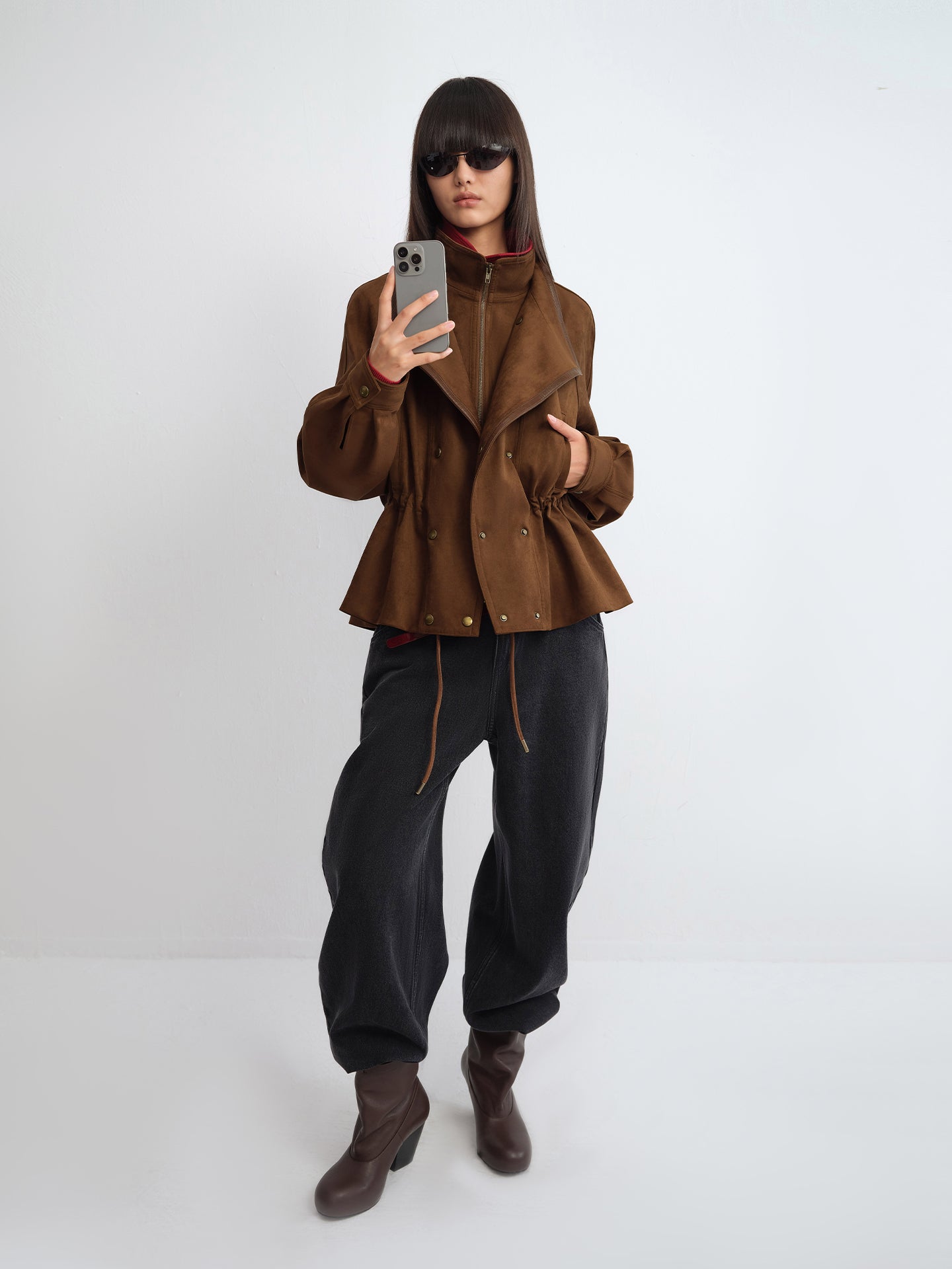 Layered Stand-Collar Faux Leather Fitted Jacket