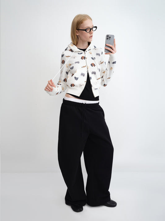 "Meow & Woof" Print Fleece Zip Hoodie