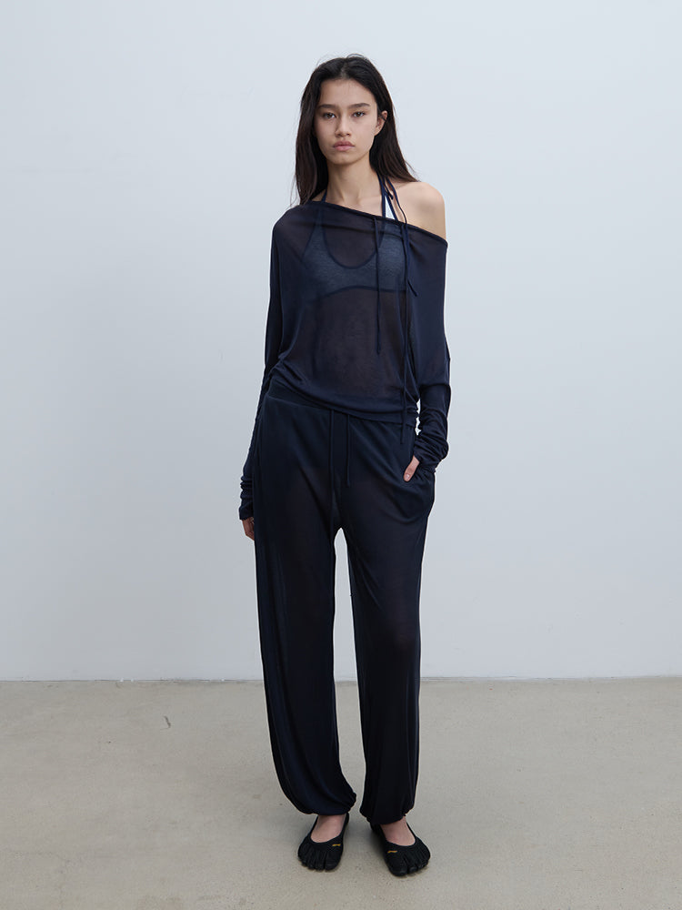 “Take A Walk” Drawstring Sheer Knit Pullover