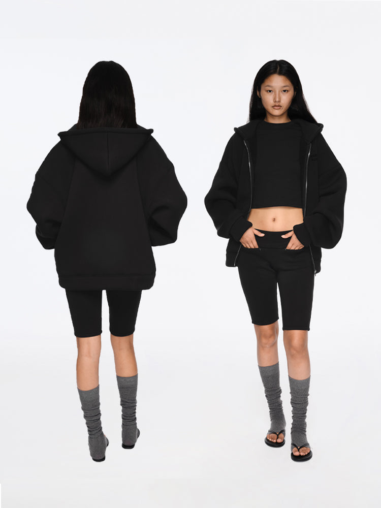 The Shearling-Lined Zip Up Hoodie & The Fleece Biker Shorts (Black)