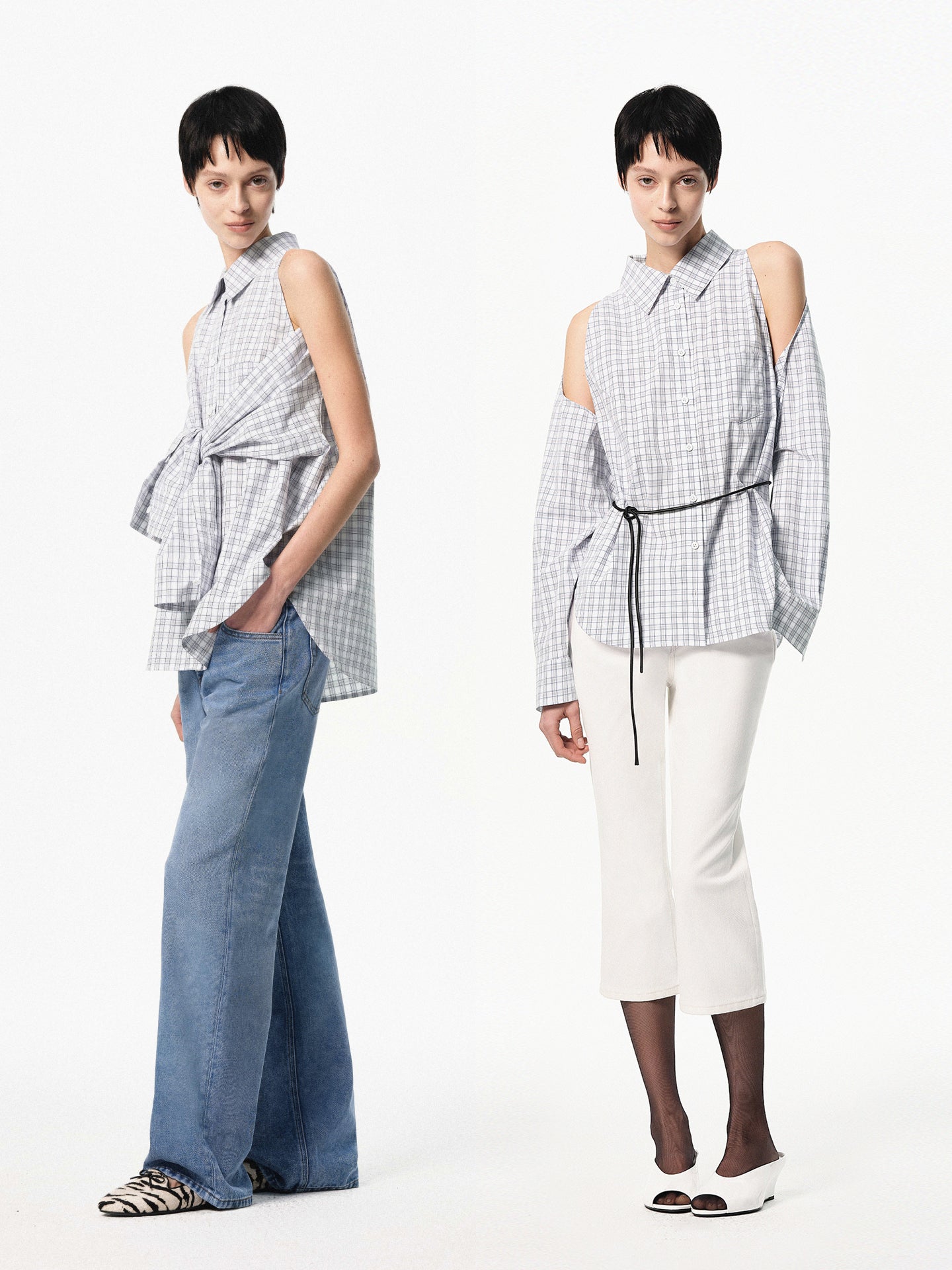 “Poise” Cutout-shoulder Plaid Shirt