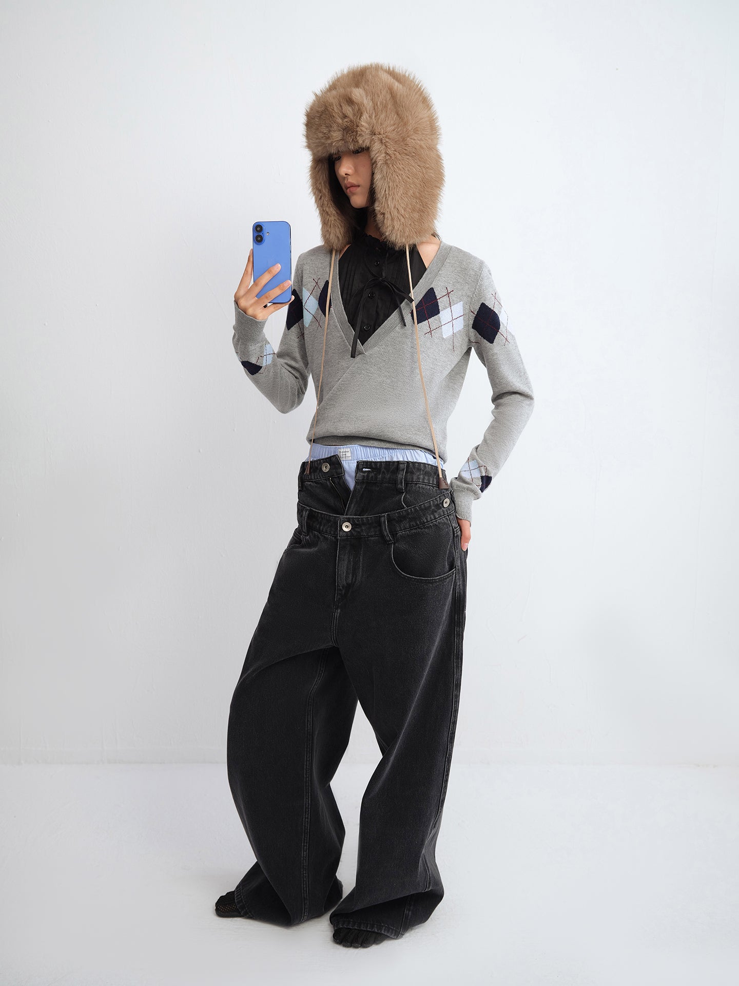 Gemini Layered Waistband Wide-Leg Denim Pants