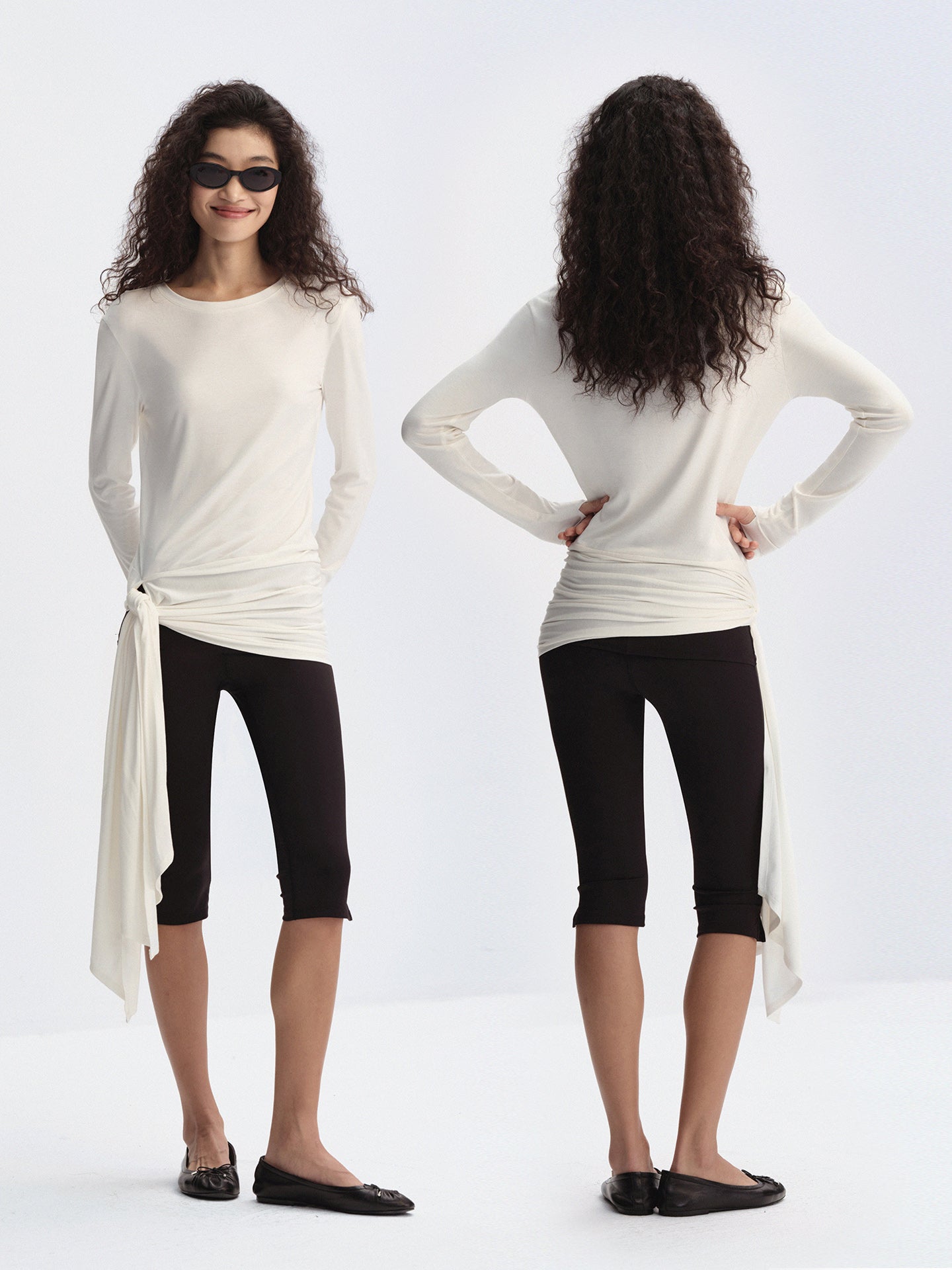 Ruched Side-Tie Long Sleeve T-Shirt