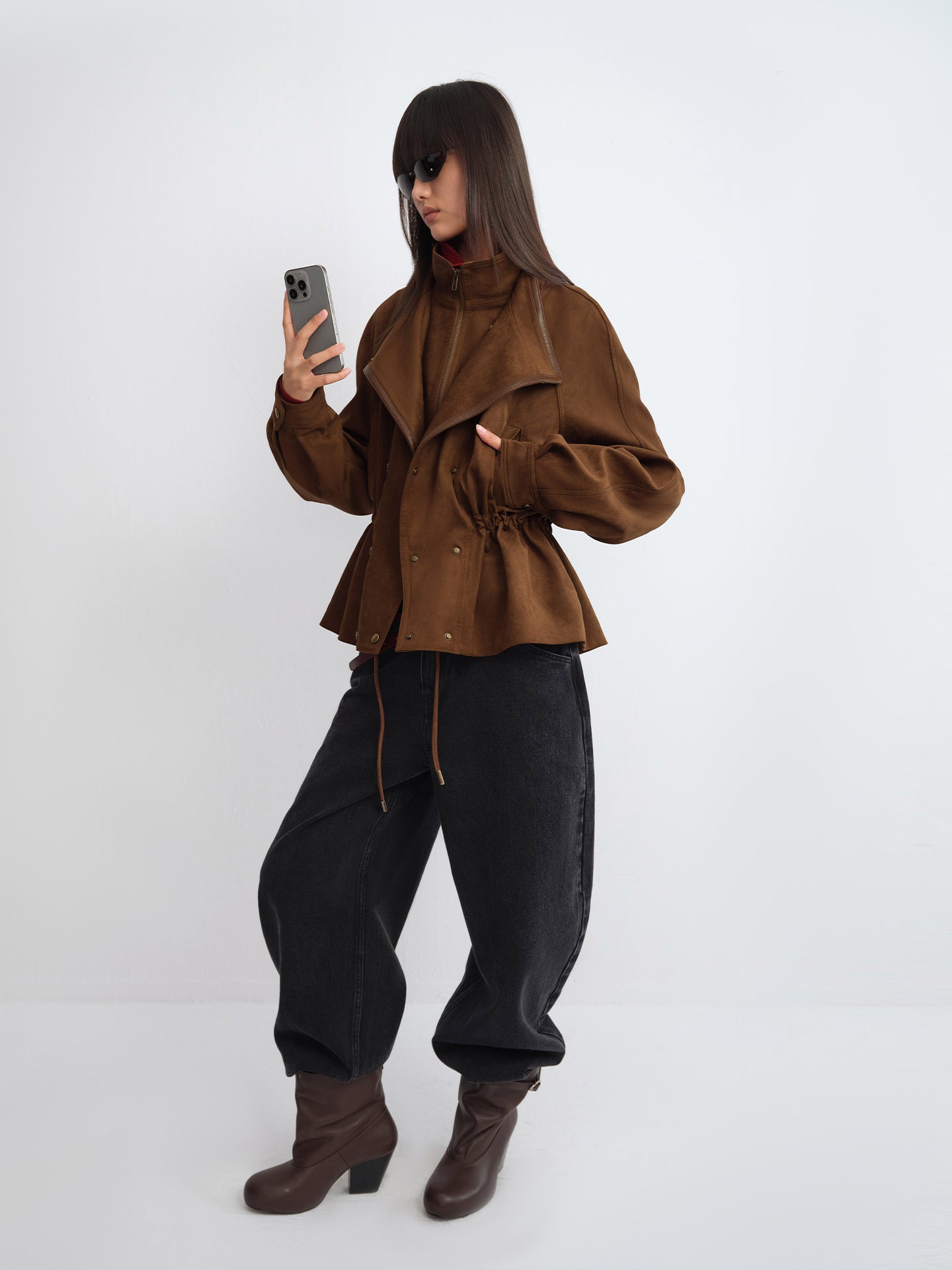 Layered Stand-Collar Faux Leather Fitted Jacket