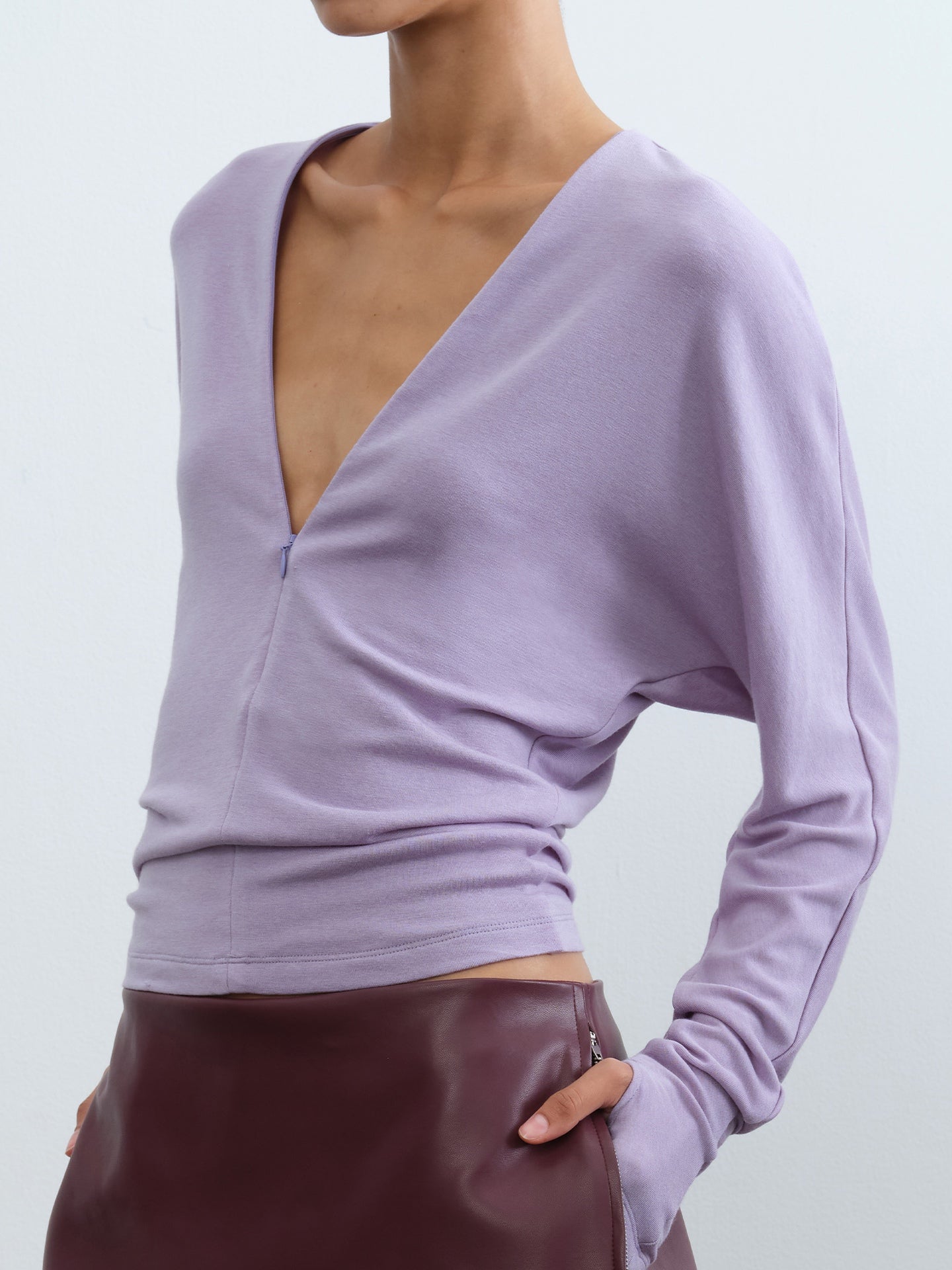 V-Neck Batwing Hidden-Zip Knit Top