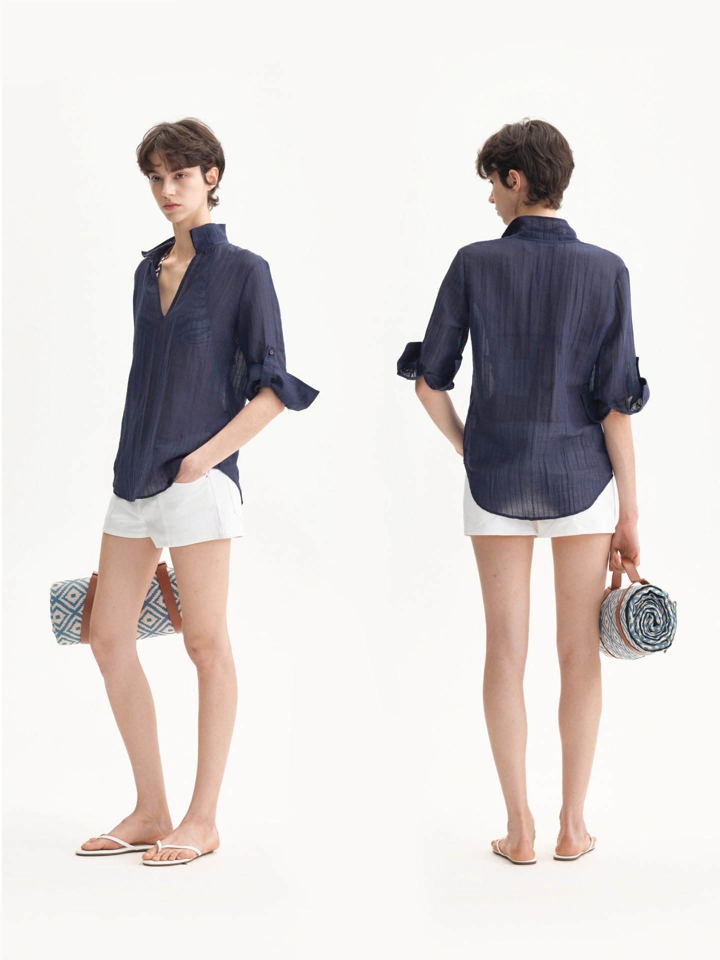 “Haze” Textured Stripe Sailor-collar Shirt