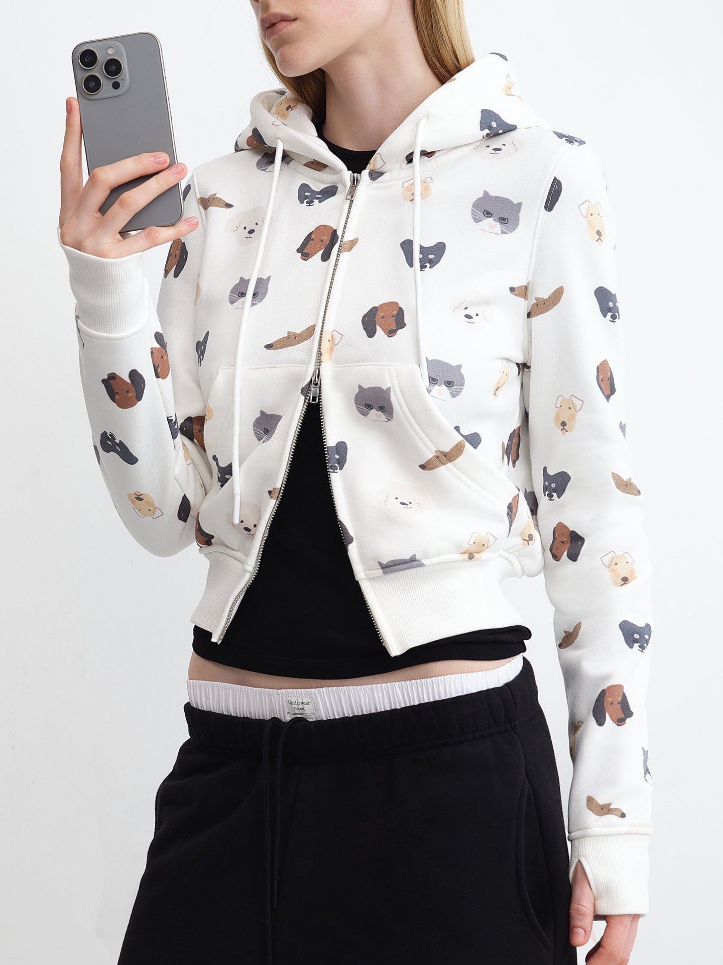 "Meow & Woof" Print Fleece Zip Hoodie