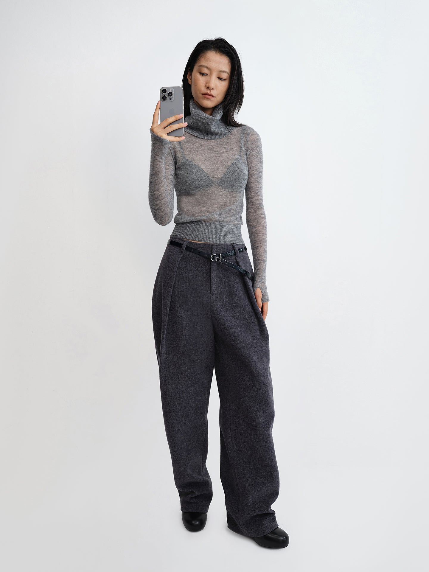 羊驼毛网眼高领针织上衣