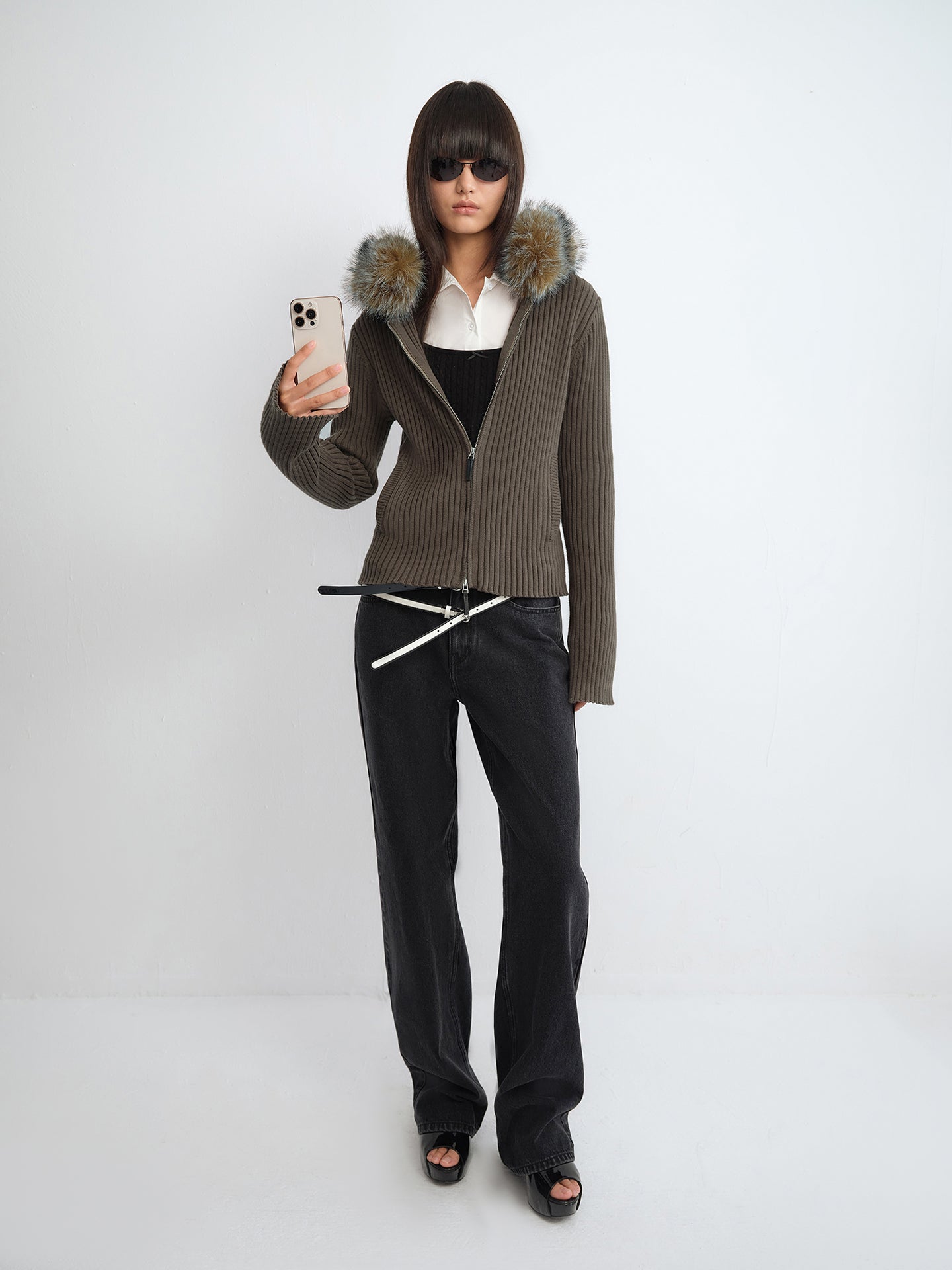 Faux Fur Trim Hooded Zip-Front Jumper