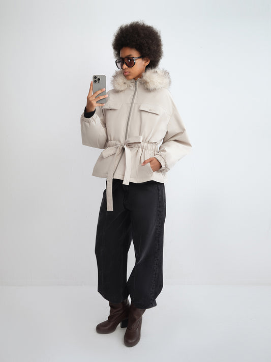 Detachable Fur Hood Belted Parka