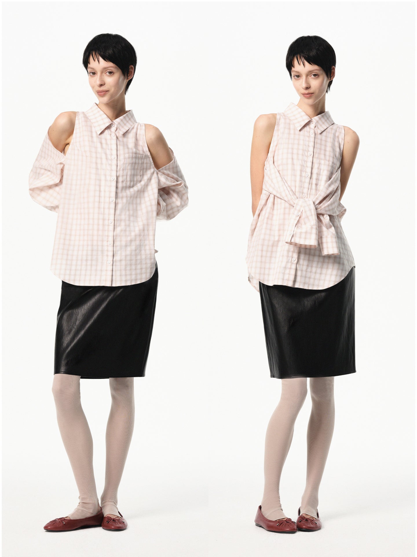 “Poise” Cutout-shoulder Plaid Shirt