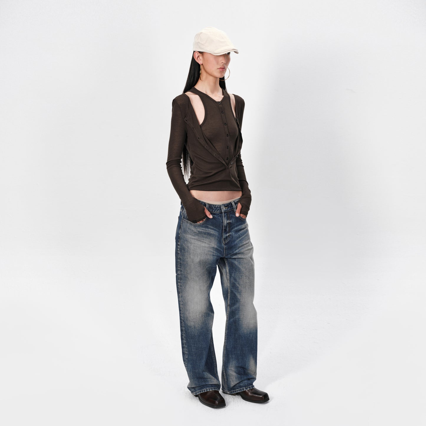 TREE07 Dark Blue Low-Waist Straight-Leg Jeans