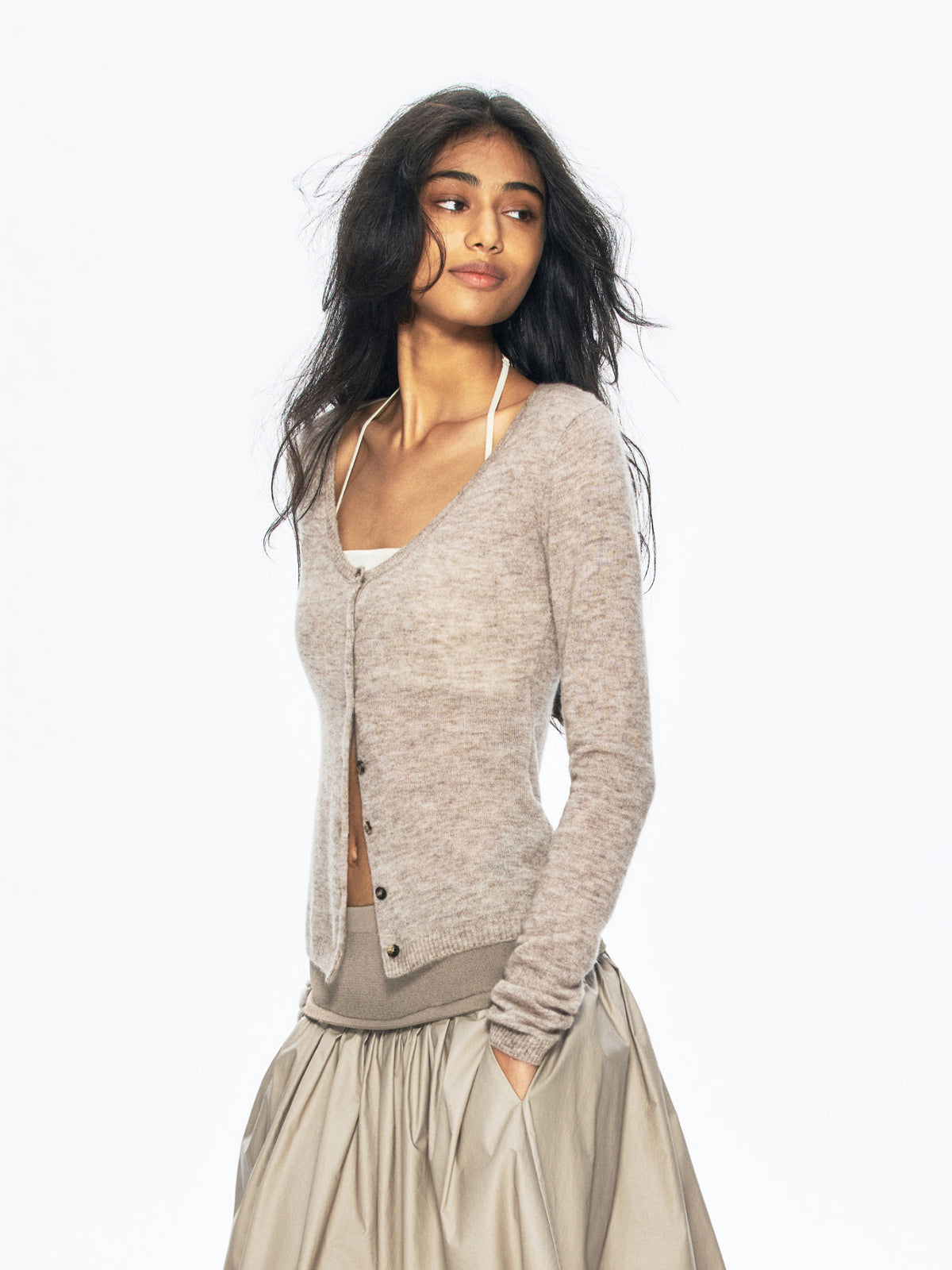 “Mist” Cashmere-Silk Blend U-Neck Waist-Defined Knit Cardigan