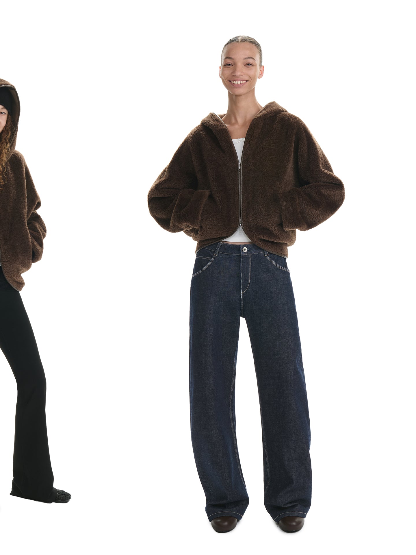 Curved-Hem Plush Cropped Hooded Jacket