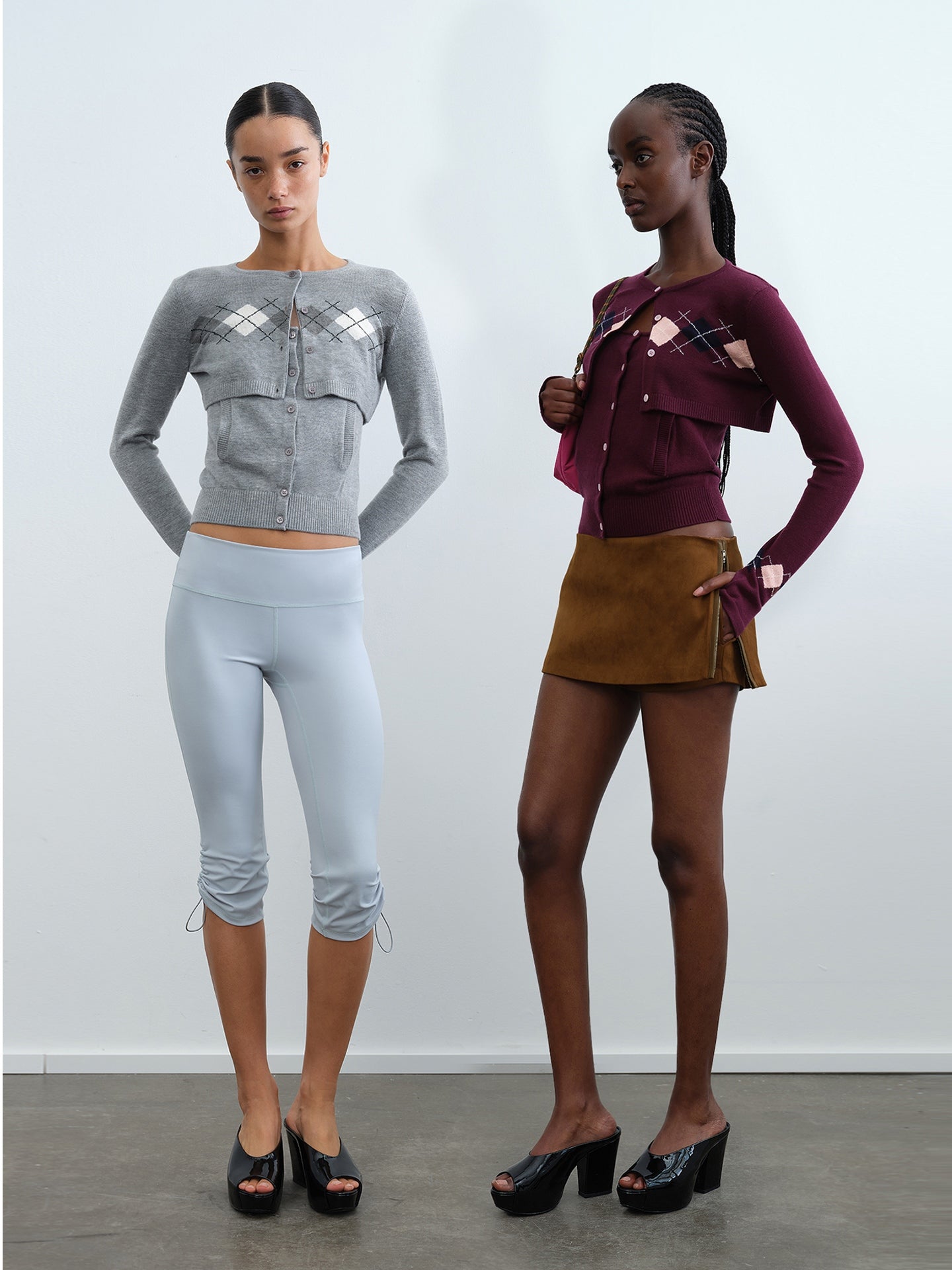 Diamond-Knit Cropped Cardigan/Buttons Knit Tank