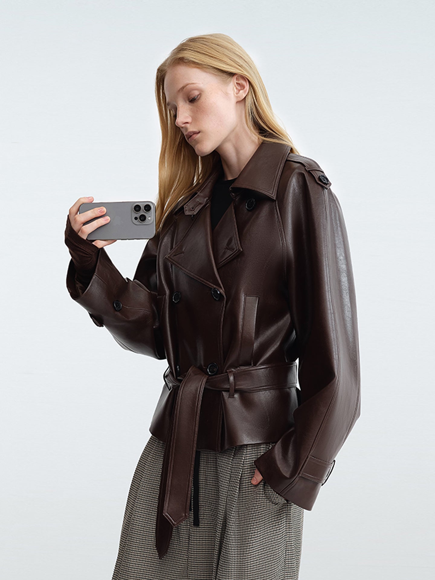 Faux Leather Foldover-Collar Belted Jacket