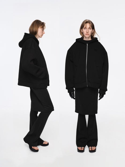 The Shearling-Lined Zip Up Hoodie & The Fleece Biker Shorts (Black)