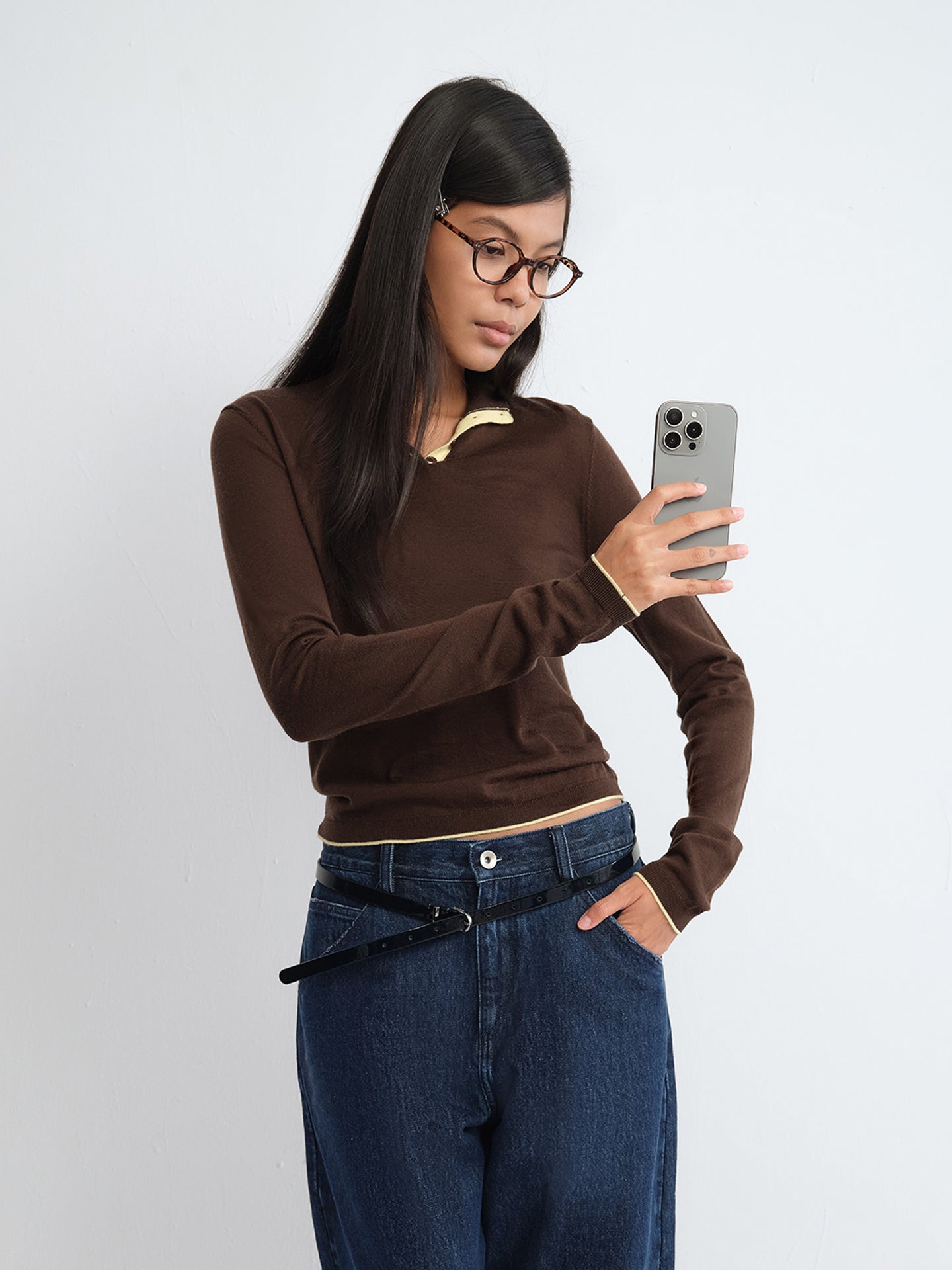 Henley Turtleneck Colorblock Wool Knit Top