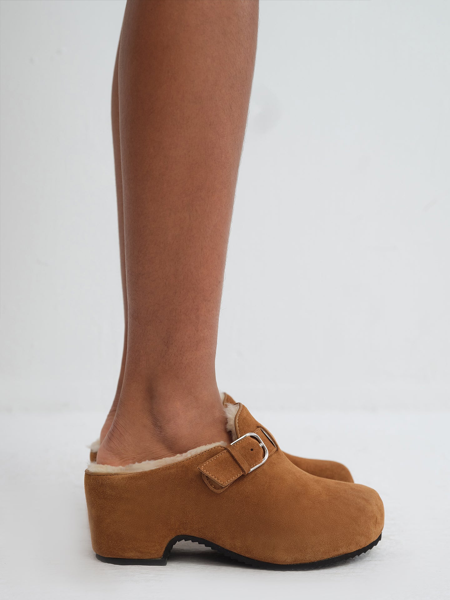 IZZY Suede Shearling Buckle Platform Clogs