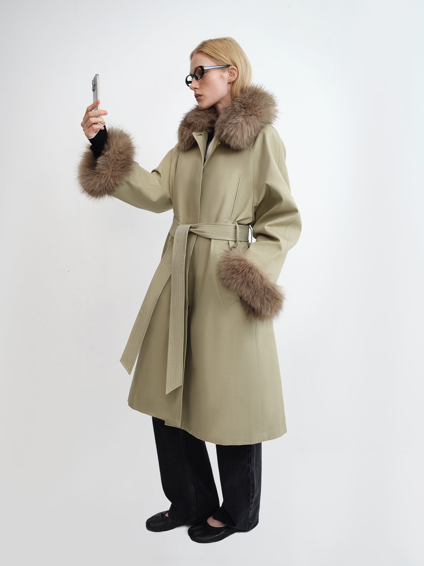 Detachable Fur-Collar Belted Puffer Coat