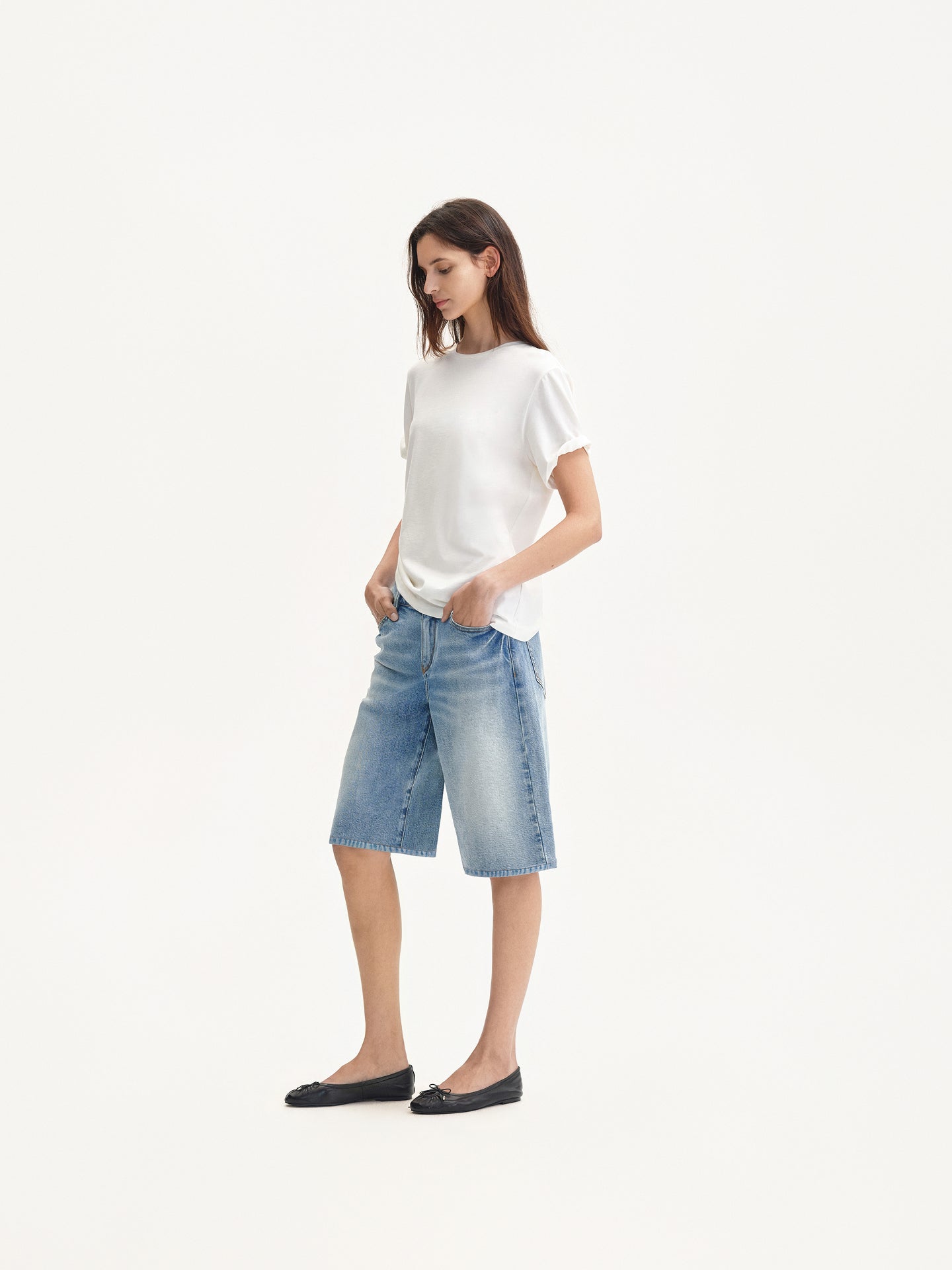 “Classique” Washed Denim Bermuda Shorts