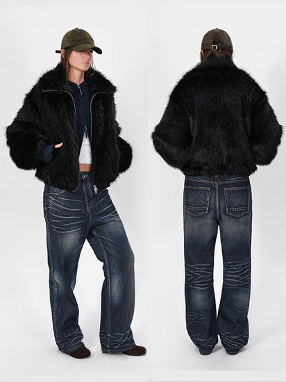 The Stand Collar Cropped Faux-Fur Jacket – Rarely Alike