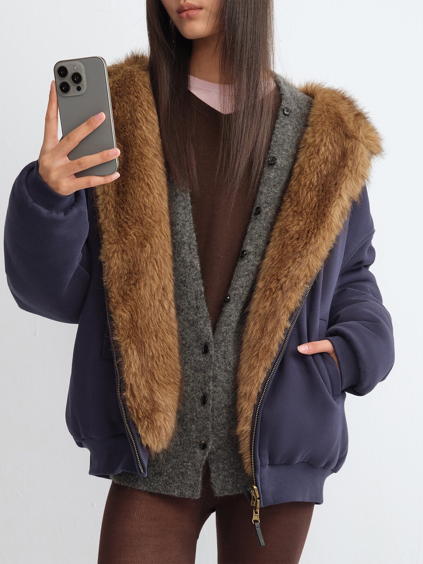 Two-Way Cropped Faux Fur Hooded Jacket